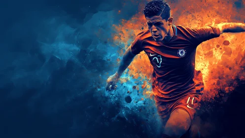 Digital soccer forward in orange kit bursts through color field.