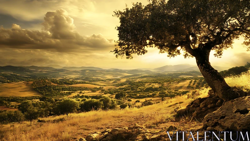 Golden hillside oak overlooking sunlit agrarian valley.