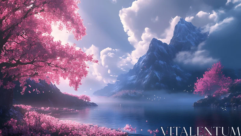 Pink blossom lake reflects misty snow mountains at sunrise