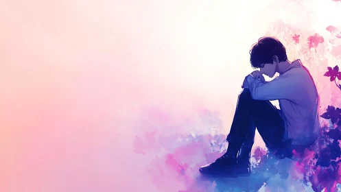 Solitary figure seated in pastel vapor, rim-lit by diffuse glow