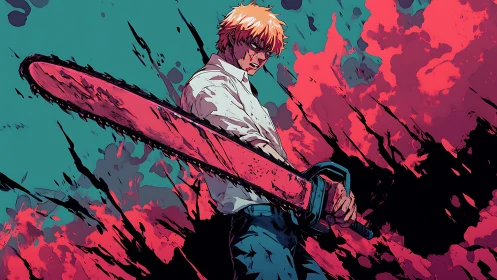 Chainsaw rebel carves neon fury through splattered dusk streets