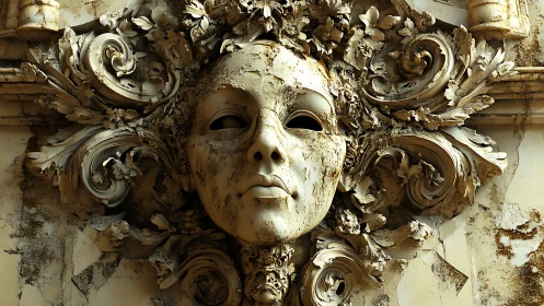 Weathered baroque stone mask dominates ornate façade relief