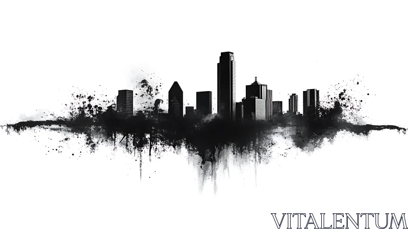 Monochrome urban skyline with ink-like splatter silhouettes.