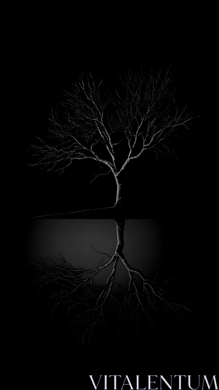 Bare deciduous tree with mirrored root reflection on black field
