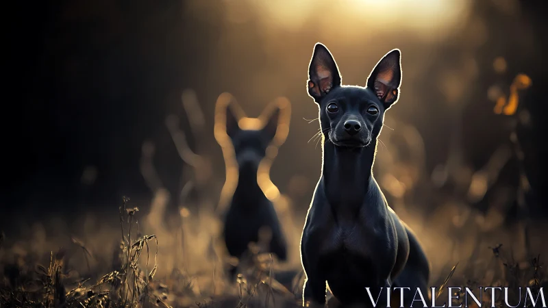Black dog in sharp focus against blurred field background.