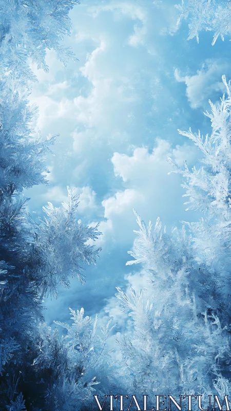 Cryogenic foliage halo framing cumuliform winter sky portal.