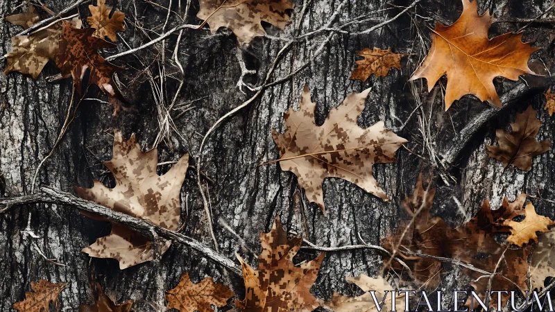 Fallen oak leaves rest on rugged bark in muted autumn light