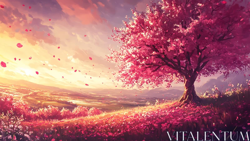 Chromatic cherry tree under dynamically lit sunset sky.