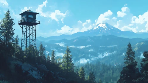 Quiet mountain watchtower gazes over sunlit forest valley