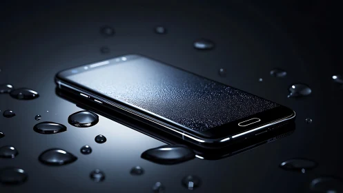Water-kissed smartphone glows like midnight tech armor