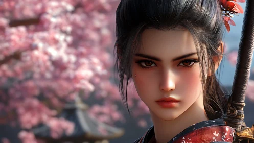 Samurai maiden gazes fiercely amid soft cherry blossoms.
