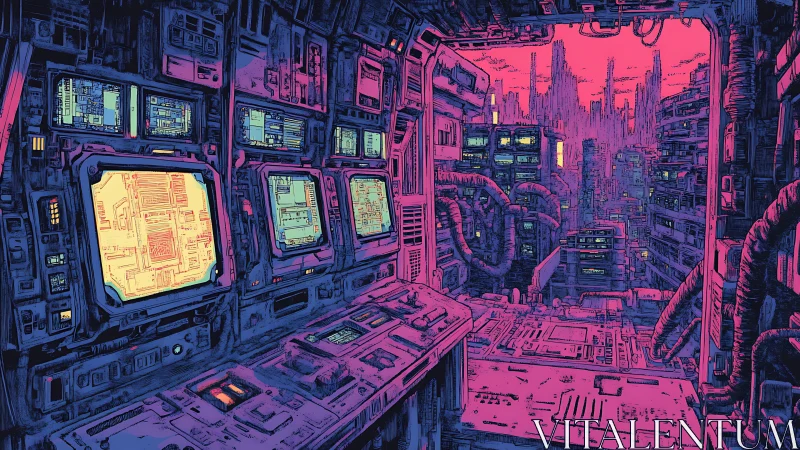 Cybernetic control deck overlooks dense neon megastructure skyline