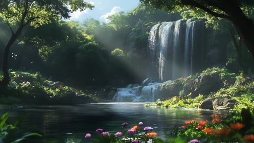 Ray-traced forest waterfall basin under volumetric daylight.