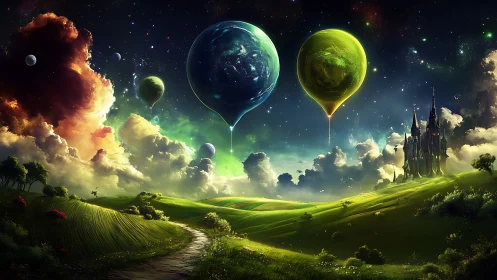 Surreal green landscape with planets over rolling hills.
