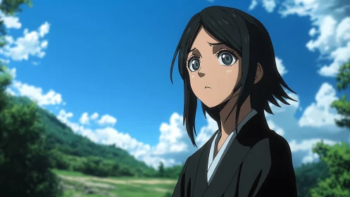 Anime girl in black robe under clear blue daytime sky.