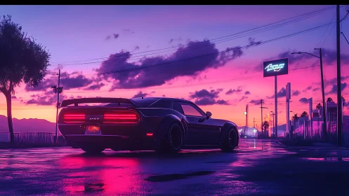 Muscle car on neon-soaked sunset boulevard street scene.