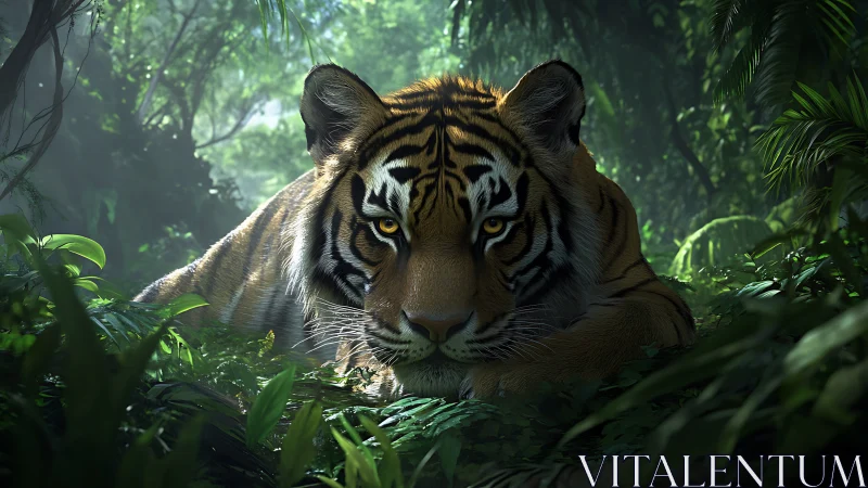 3D jungle tableau with stalking tiger in low, frontal perspective.