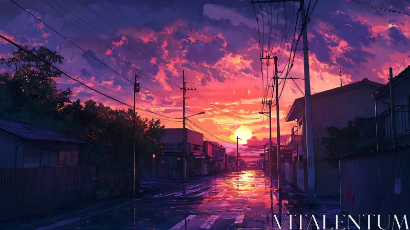 Sunlit wet street reflects vivid twilight over quiet town