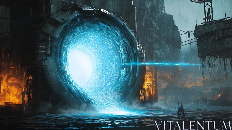 Stark rain-soaked megastructure framing luminous portal.