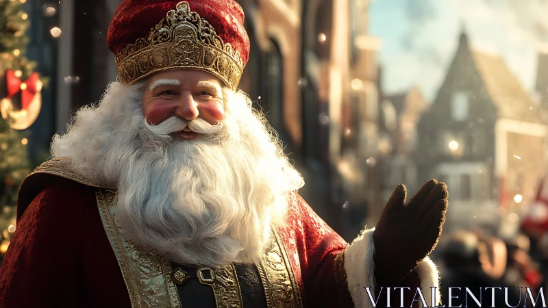 Regal winter saint in red robe waving through city light.