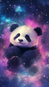 Cosmic nebula cradle with bioluminescent panda subject.