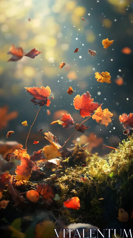 Dancing autumn leaves drifting through gentle forest light.