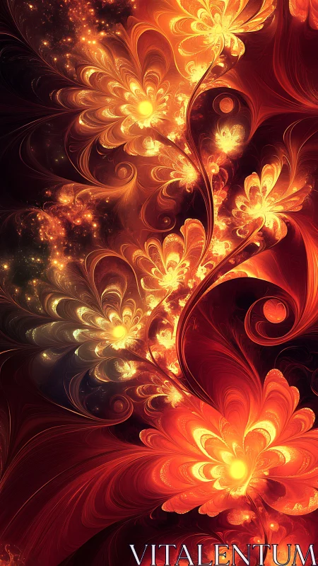 Fractal luminescent floral spirals in radiant fiery spectrum.
