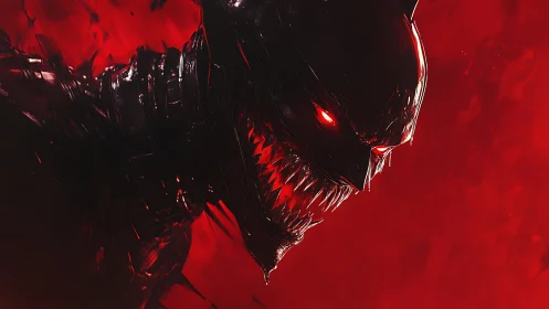 Ferocious shadow creature grins with eerie glowing red eyes