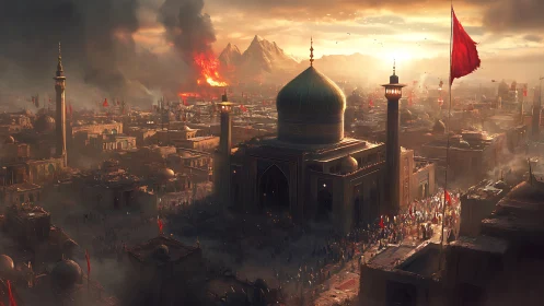 Cityscape shows domed mosque, dense crowds and distant fires