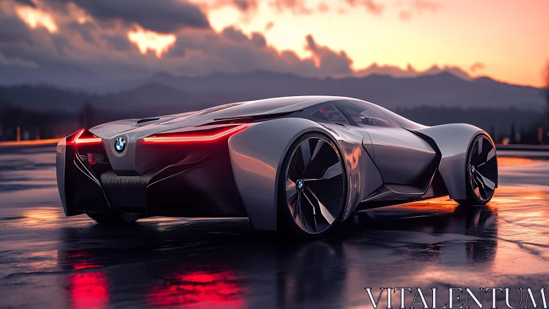 Futuristic BMW concept car on wet runway at neon sunset.