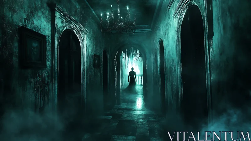 Candlelit phantom lingers in a drowned emerald corridor.