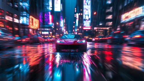 Red supercar in neon rain, frontal view, motion blur cityscape