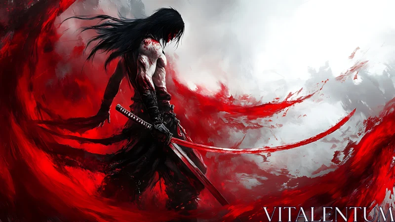 Blood-soaked samurai warrior commands swirling crimson storm.