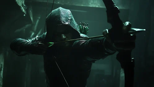 Hooded archer in low key green-lit alley, bow fully drawn