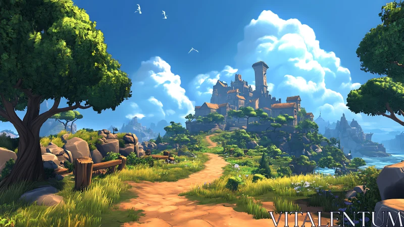 Medieval castle landscape with fortress on rocky hilltop.