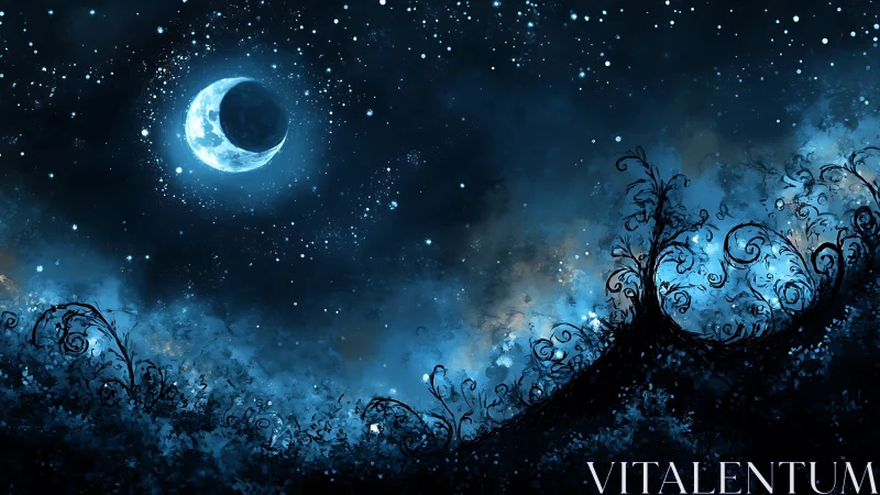 Moonlit bramble skyline under a star-splintered midnight sea.