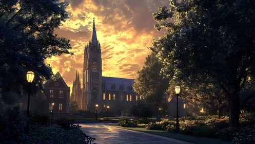Gothic cathedral at golden hour in luminous garden setting.