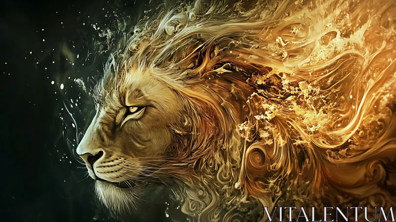 Lion profile ignites swirling golden elemental fire storm