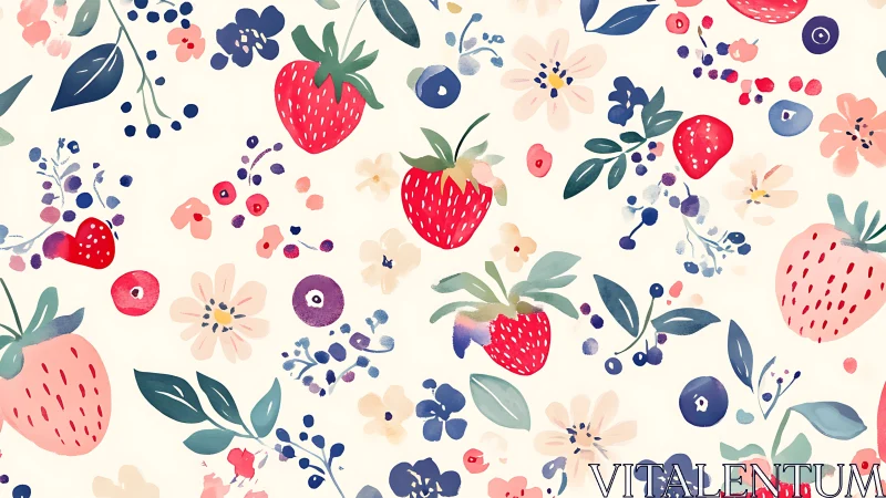 Strawberry and floral watercolor pattern brightens soft cream backdrop
