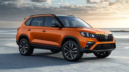 Orange compact SUV on coastal sand under overcast sunset light.