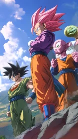 Bold anime heroes standing tall on a sunlit mountain ridge.