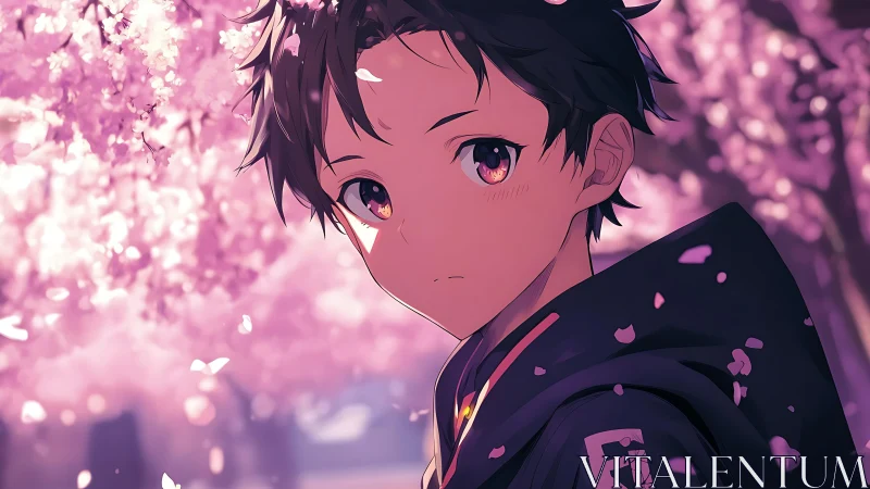Melancholic anime boy under luminous spring cherry blossoms