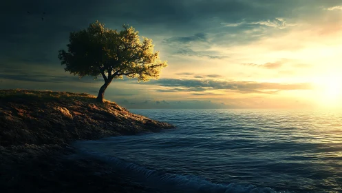 Solitary coastal tree under luminous ocean sunset.