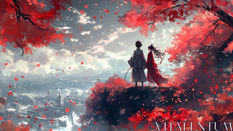 Samurai couple overlooks misty city beneath crimson autumn canopy