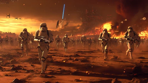 Armored infantry advance across thermally scorched warfield.