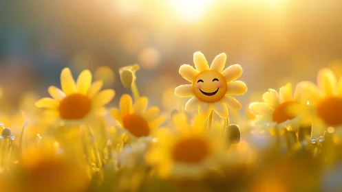 Cheerful animated sunflower smiles in golden field.