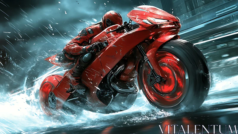 Crimson superbike sprinting through neon storm waters.