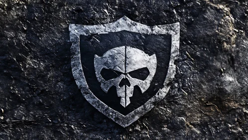 Textured skull emblem shield on distressed stone ground.
