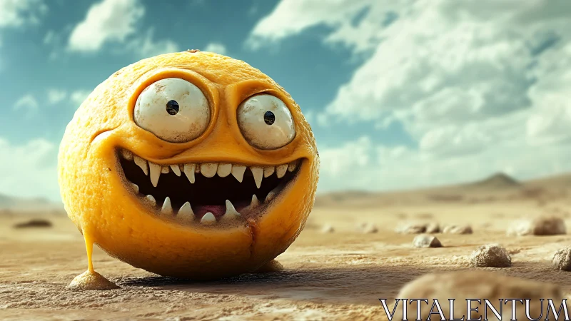 Grotesque anthropomorphic lemon monster in arid desert landscape