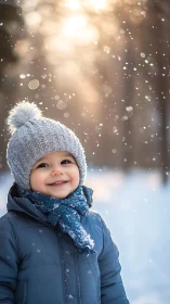 Child Portrait Winter Bokeh: Gray Knit Beanie, Navy Puffer Jacket, Snow Environment
